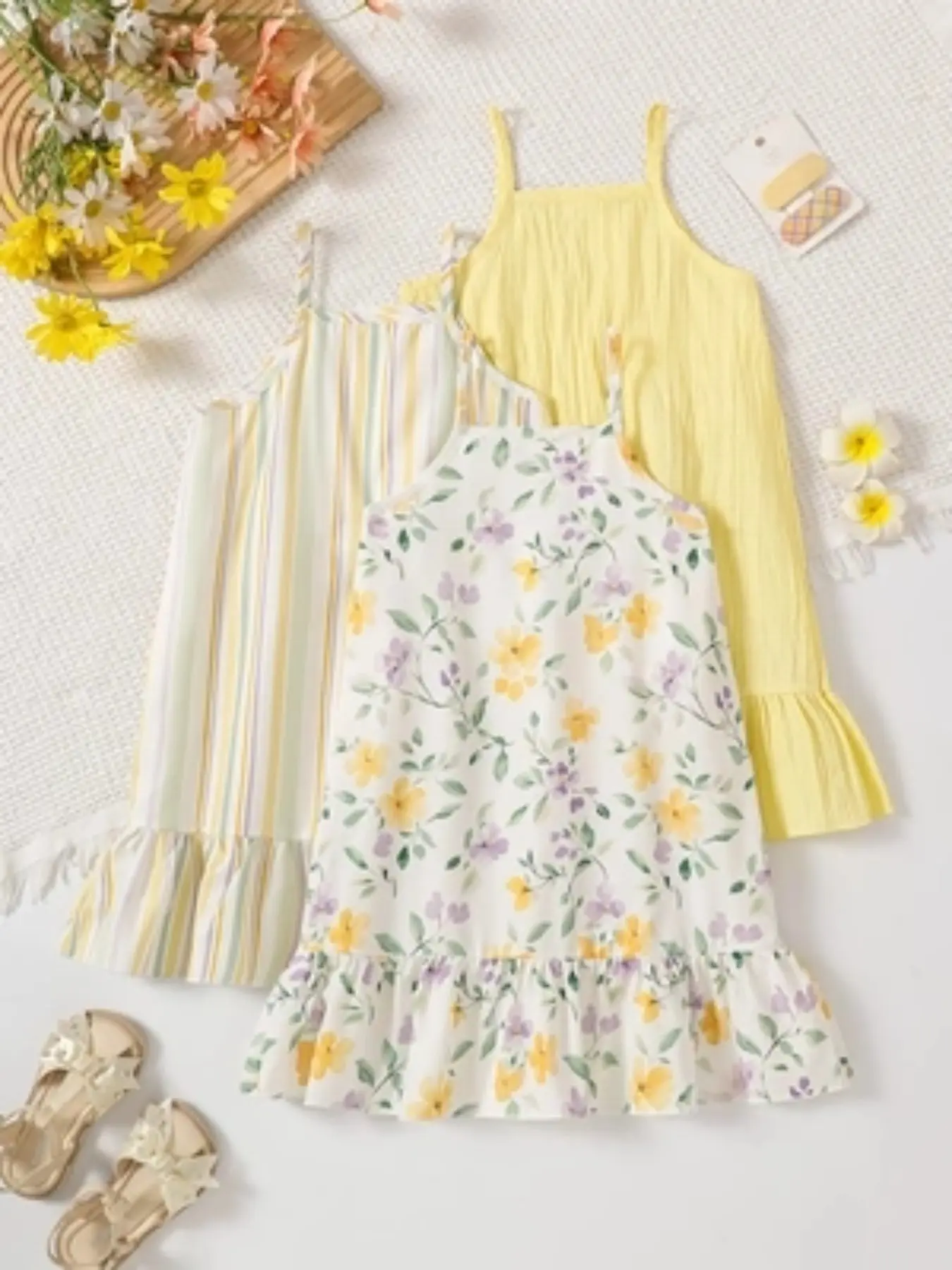 Summer 3-Piece Set Girls' Casual Dresses, Simple Striped & Floral Print, Strapless Sleeveless Fashion Sweet Dress, Ideal for Vacation & Outdoor Travel