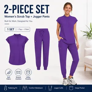 Purple Mandarin Collar Scrub Uniform with Multi Pockets for Women Medical Workwear