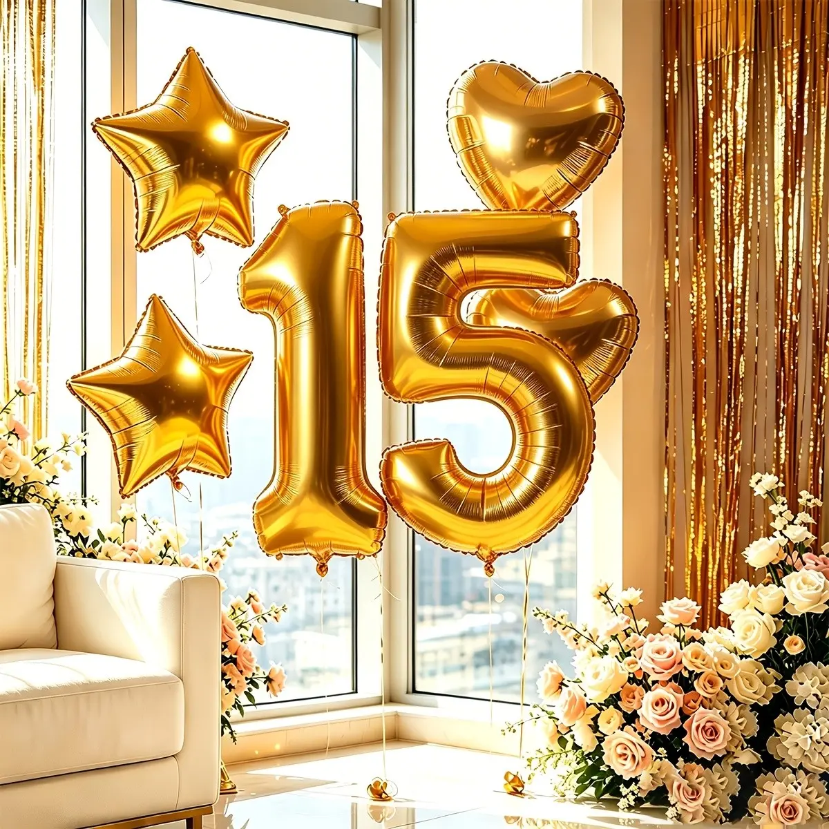32inch Gold number 15 balloon digital balloon 15 with 18inch gold star balloons and gold heart balloons total 6pcs Helium Balloons for Wedding Happy Birthday 15th party decorations anniversary 15 years party supplies Balloon Decorations Kit