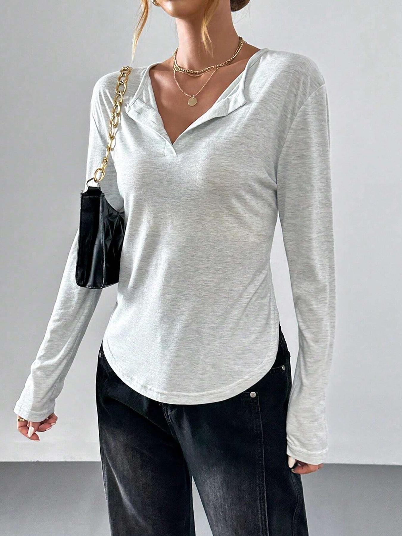 Women's Long Sleeve Button Neckline Fitted T-Shirt, Casual Ladies Top for Daily Wear, Comfortable and Stylish Women's Clothing