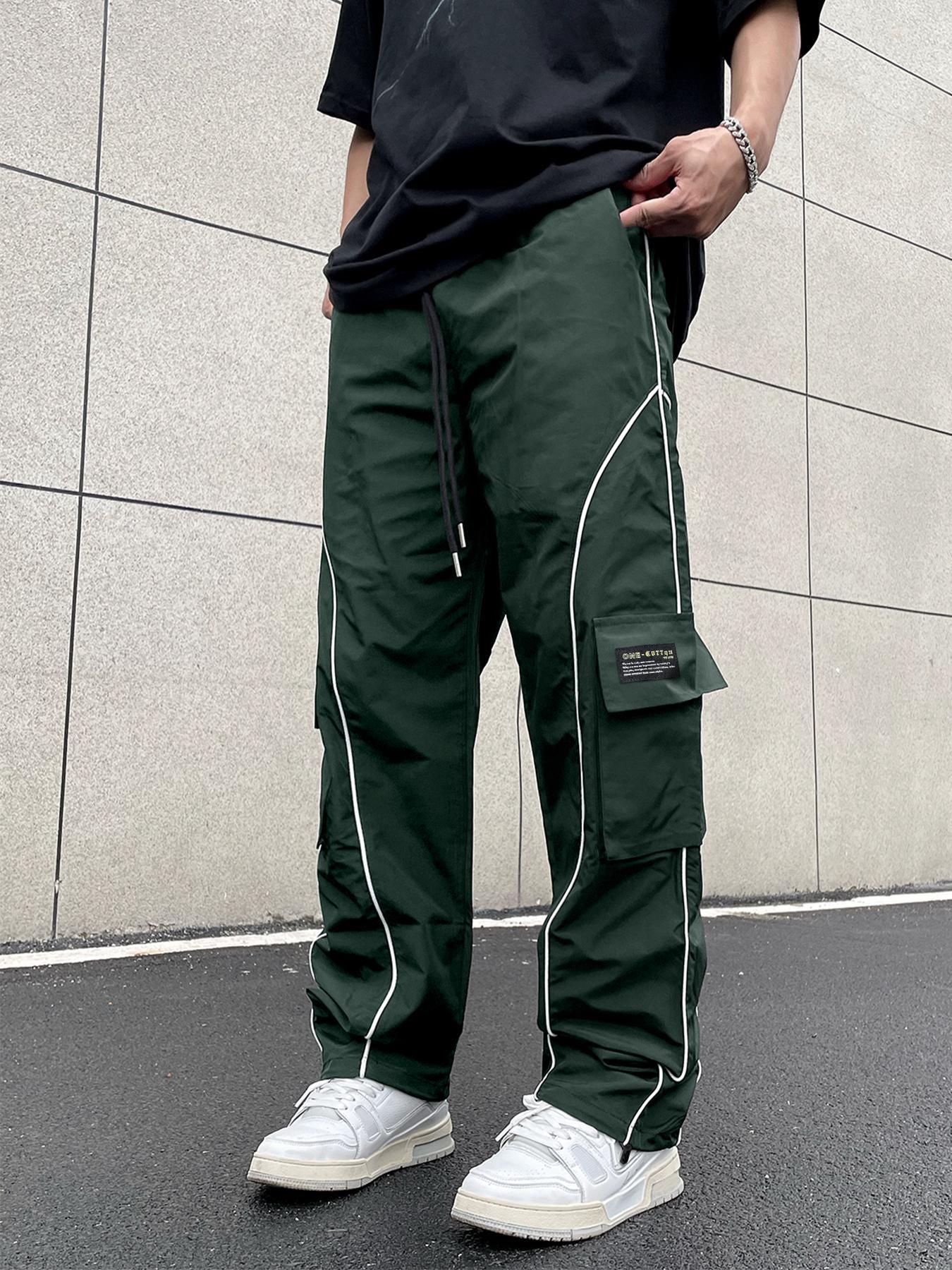 Men's Loose Letter Patched Contrast Binding Pocket Detail Drawstring Cargo Pants, Mens Pants, Casual Trousers for Spring Fall Winter