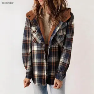 Women Hooded Fleece Lined Plaid Shacket, Long Sleeve Button Down Warm Oversized Coat, Soft Windproof Outerwear for Winter Daily Street Holiday Outfits