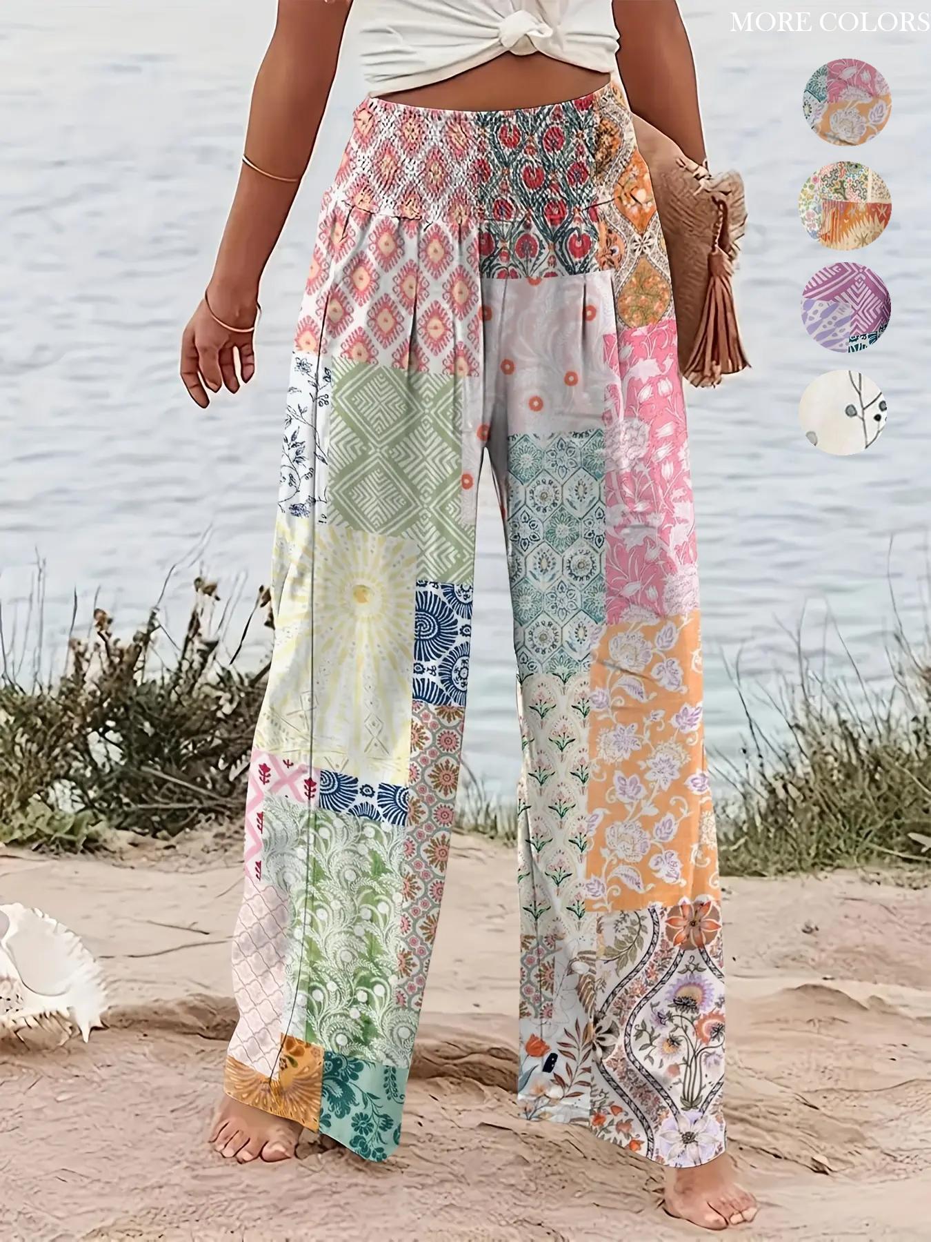 Women's Patchwork Print Elastic Waist Wide Leg Pants, Boho Bohemian Casual Trousers for Beach Vacation Holiday, Ladies Bottoms for All Seasons