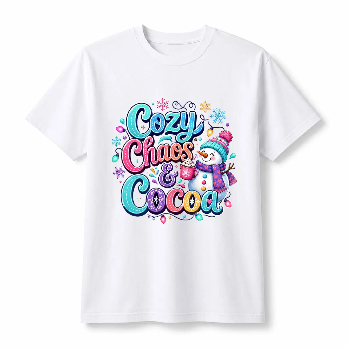 Unisex Cotton T-Shirt with a 'Cozy Chaos & Cocoa' Snowman Graphic, Colorful Short Sleeve Design for Cute Winter Holiday Fun, Shortsleeve, Tshirt, Menswear, Round Neck