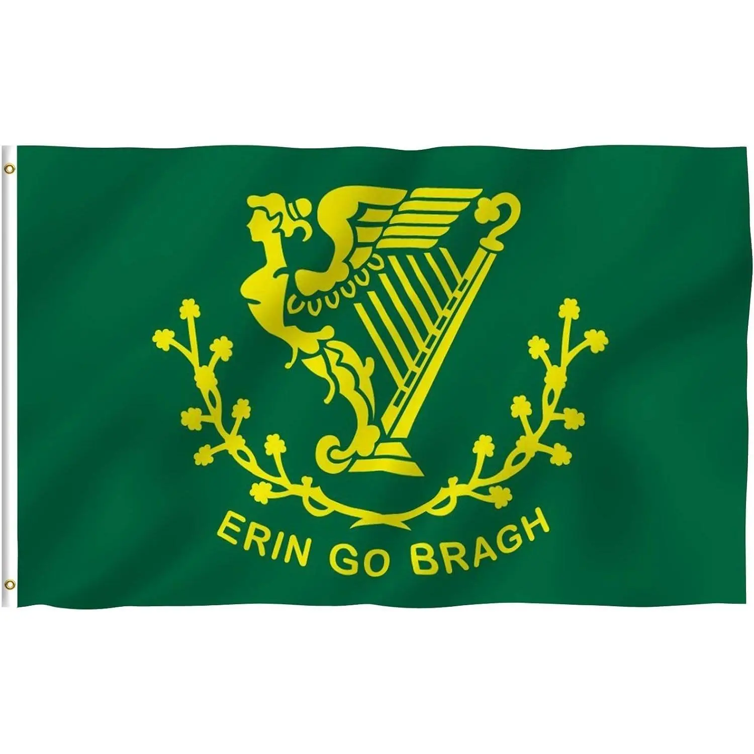 Ireland Erin Go Bragh Flag Solid Dark Green Background Golden Celtic Harp Shamrock Wreath Saint Patrick Day Irish National Symbol Banner