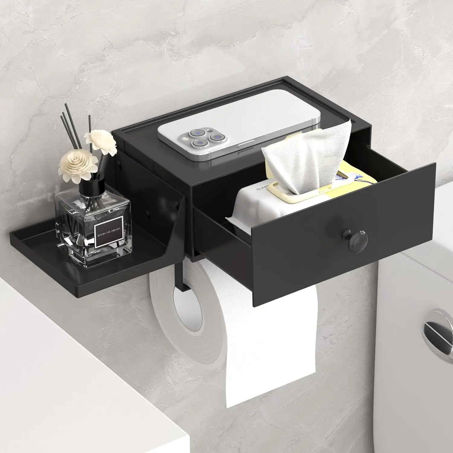 Modern Black Wall-Mounted Paper Holder with Shelf & Drawer, 1 Pack, Screw-In Installation, Sturdy, Holds Wipes & Small Toiletries, Bathroom Accessory Organizer