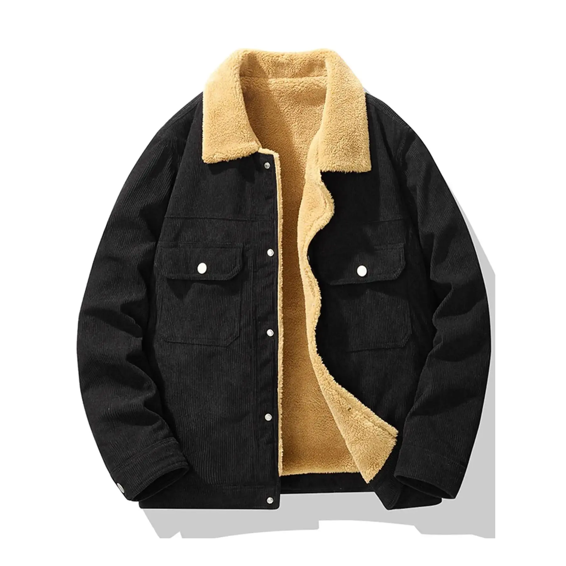 Men's Solid Color Button Front Pocket Thermal Lined Corduroy Jacket, Regular Fit Casual Long Sleeve Collared Outerwear for Fall & Winter, Men's Clothes for Daily Wear