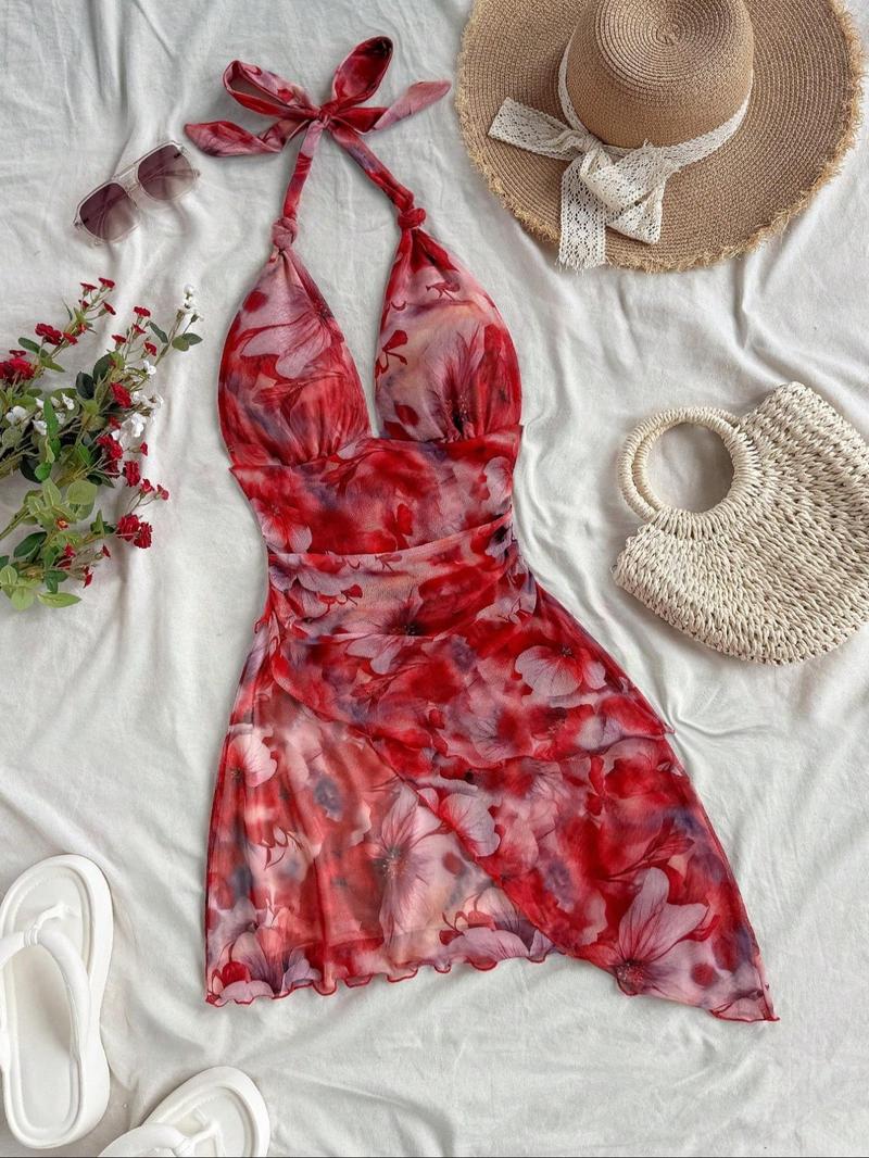 Women's Colorblock Print Tie Back Fashion Draped Dress, Chic Casual Sleeveless Dress for Summer, Ladies Clothes for Beach Holiday Vacation