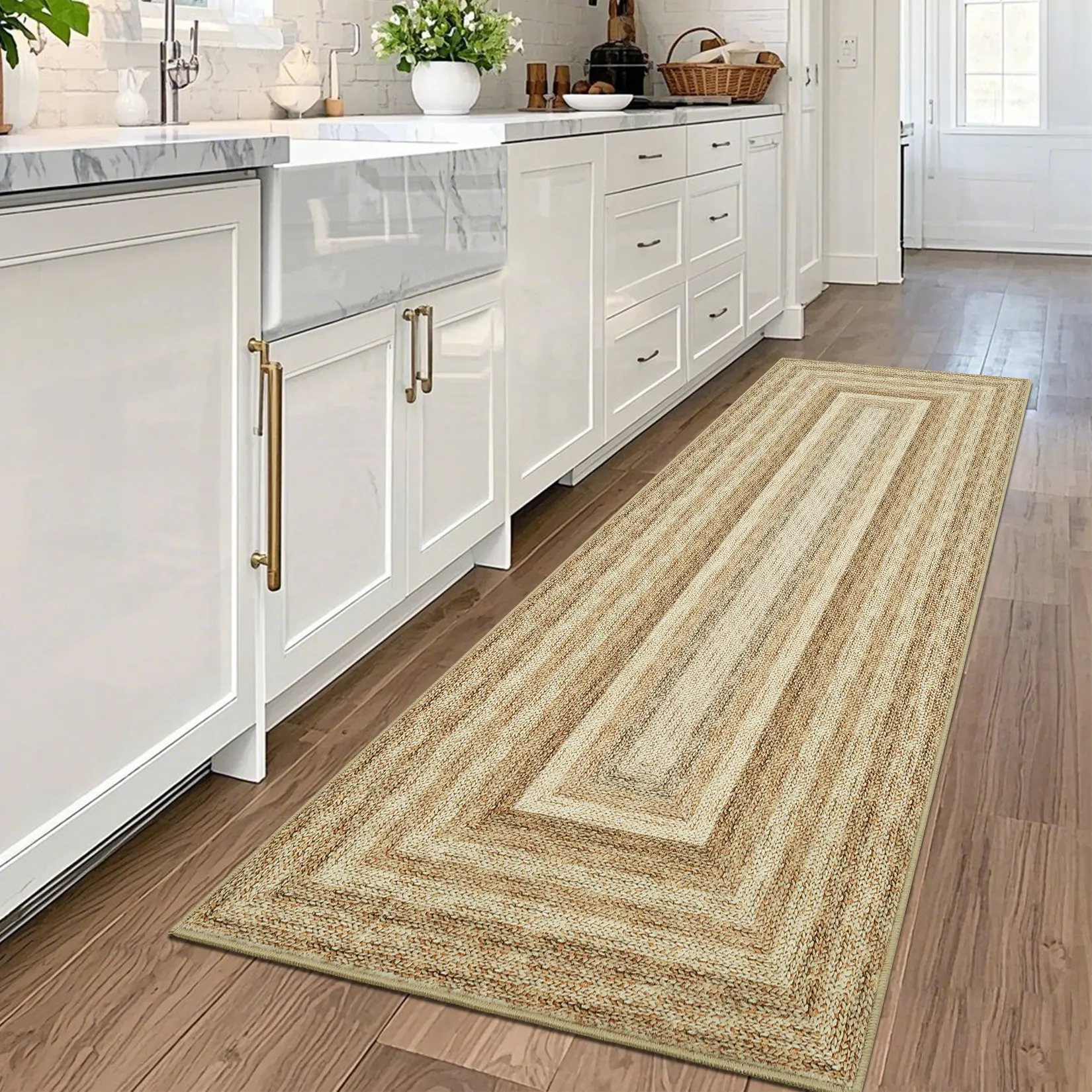 2x6 Modern Braided Print Runner Rug, Non-Slip Washable Kitchen Carpet, Soft Stain-Resistant Floor Mat for Hallway, Laundry & Entryway