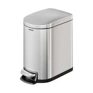 6L Slim Stainless Steel Step-On Trash Can, Waterproof Soft Close Garbage Bin with Inner Bucket & Rear Handle for Bathroom Bedroom Silver