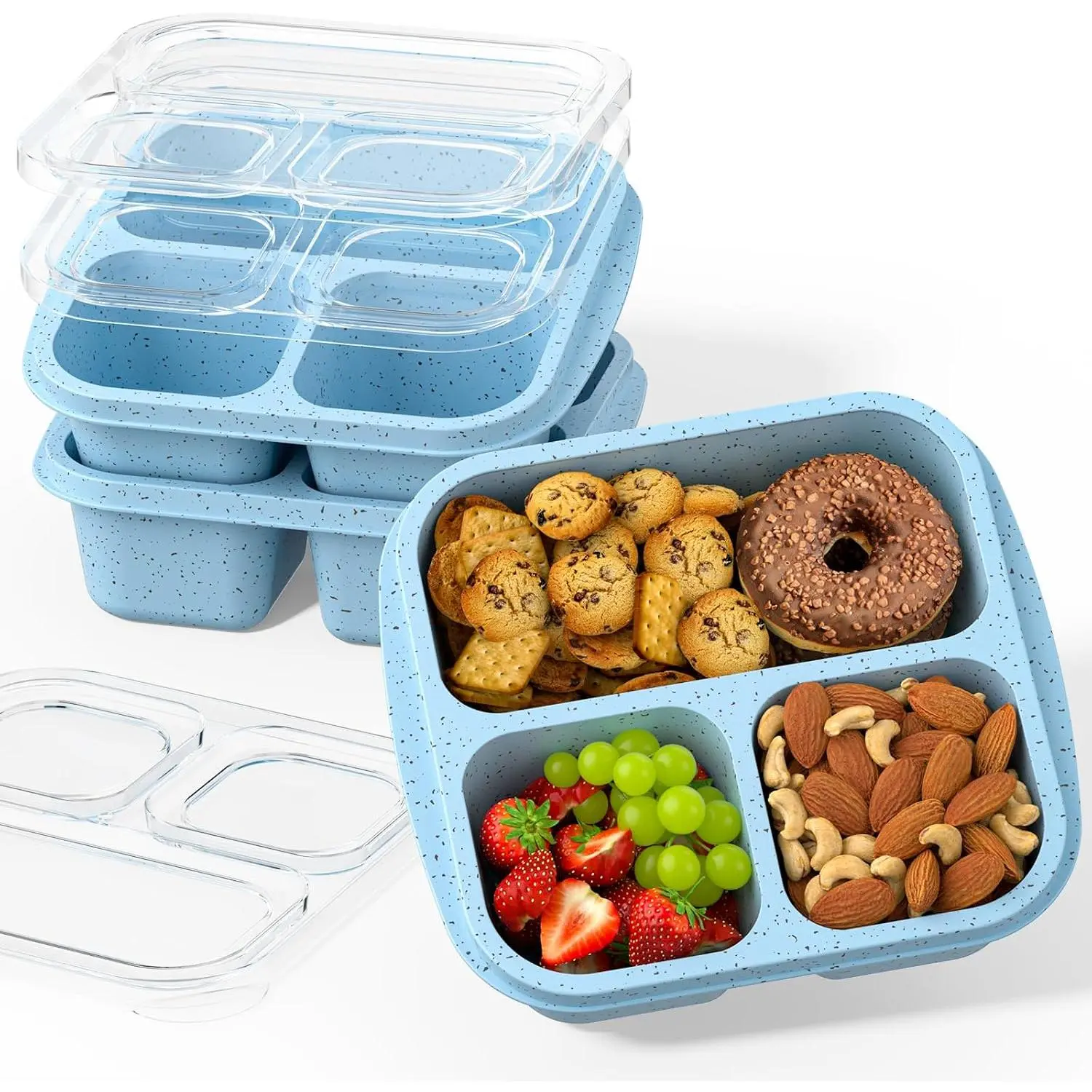 Snack Boxes (3 Pack) - Stackable Bento Boxes with 3 Compartments, Meal Prep Containers , Lightweight Lunch Containers for  and Adults,  (Blue)