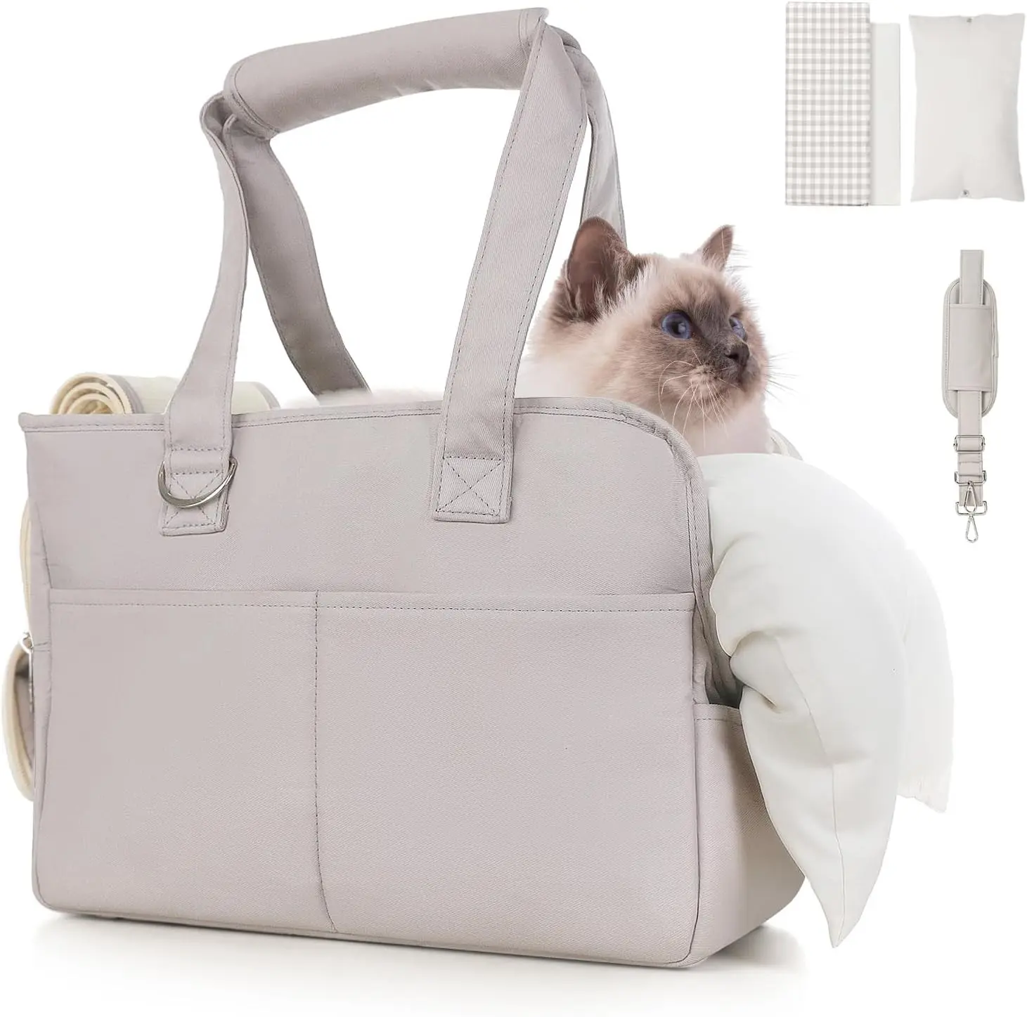 Soft Cotton Foldable Tote Dog Carrier Bag for Small Dogs/Puppies Up to 10 Lbs, Breathable Washable Shoulder Bag with Pockets for Yorkie/Chihuahua & Cats - Gray