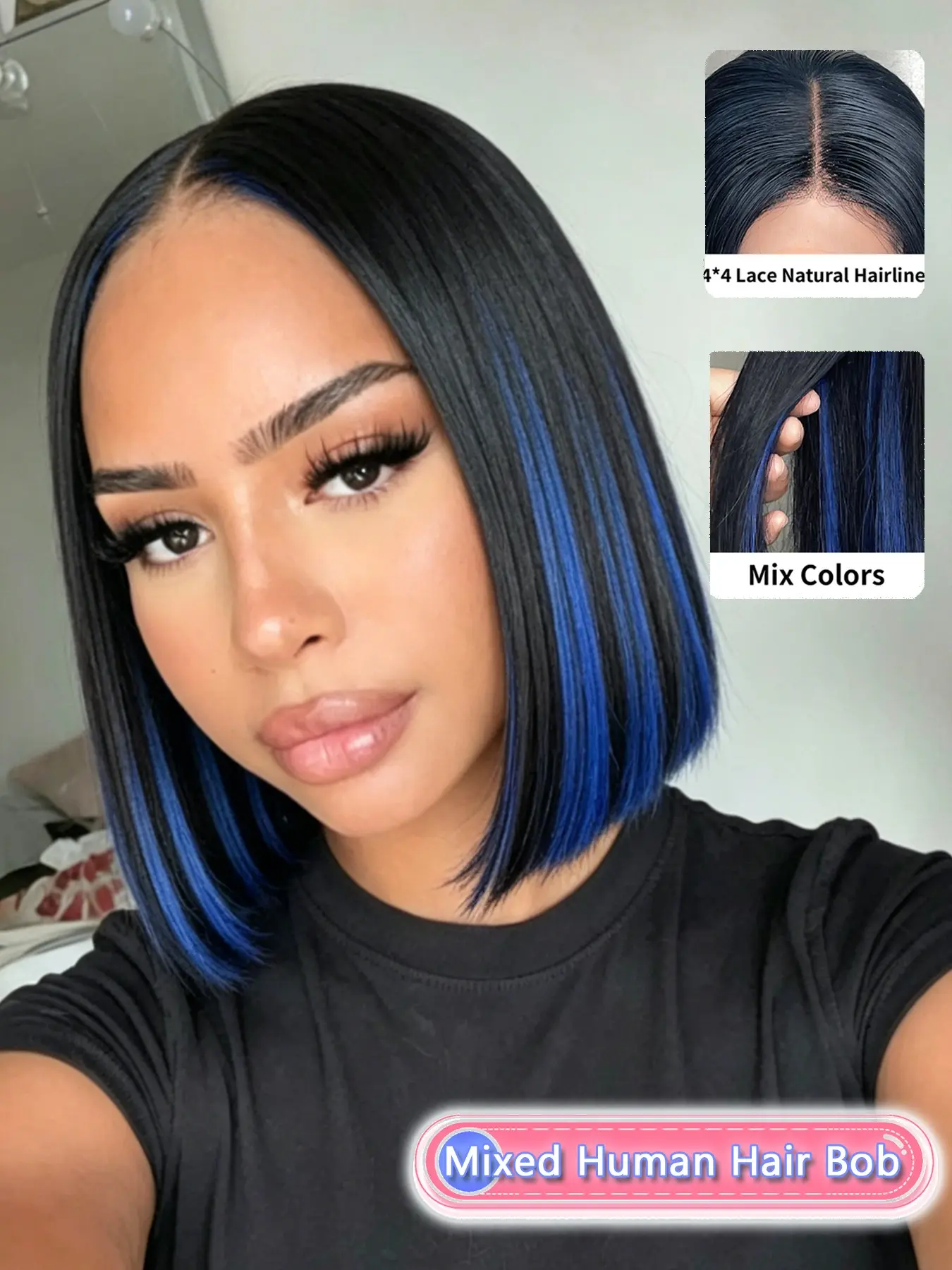 Mixed Color Human Hair Bob Wig for Women, 10 Inch Sleek Straight Style with Precision Blunt Ends, 4x4 Lace Closure Wig, Natural Scalp Appearance, Soft Flowing Hair, Breathable Adjustable Cap for Daily Beauty, Elegant Wig