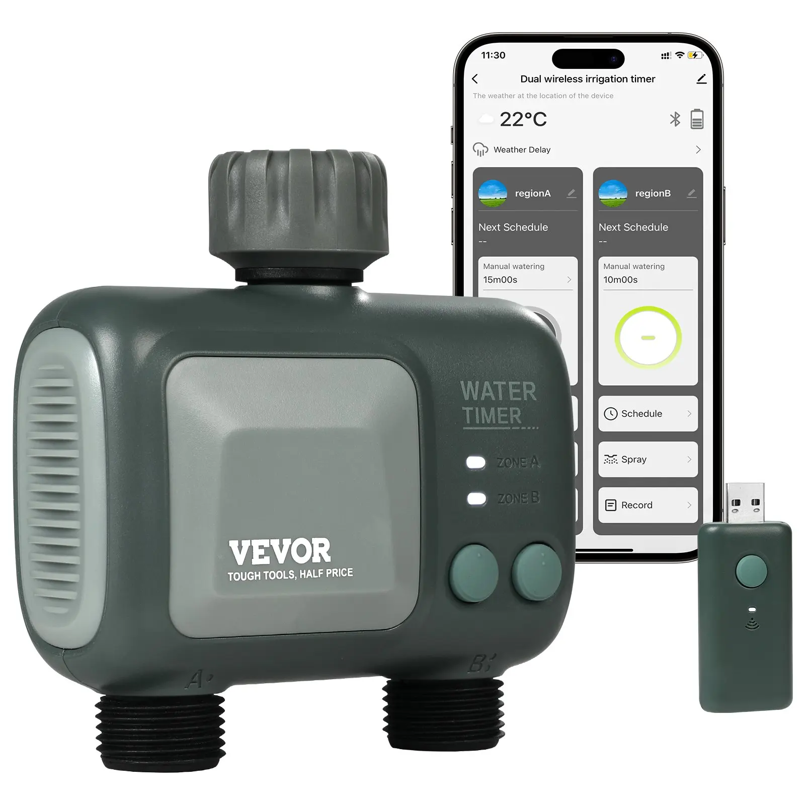 VEVOR WiFi Yard Timer, 2-Outlet Smart Hose Faucet Timer with Brass Inlet, 2.4Ghz WiFi & Bluetooth App Control, Alexa & Google Assistant Voice Control, IPX6 for Yard Watering, 2 Outlets
