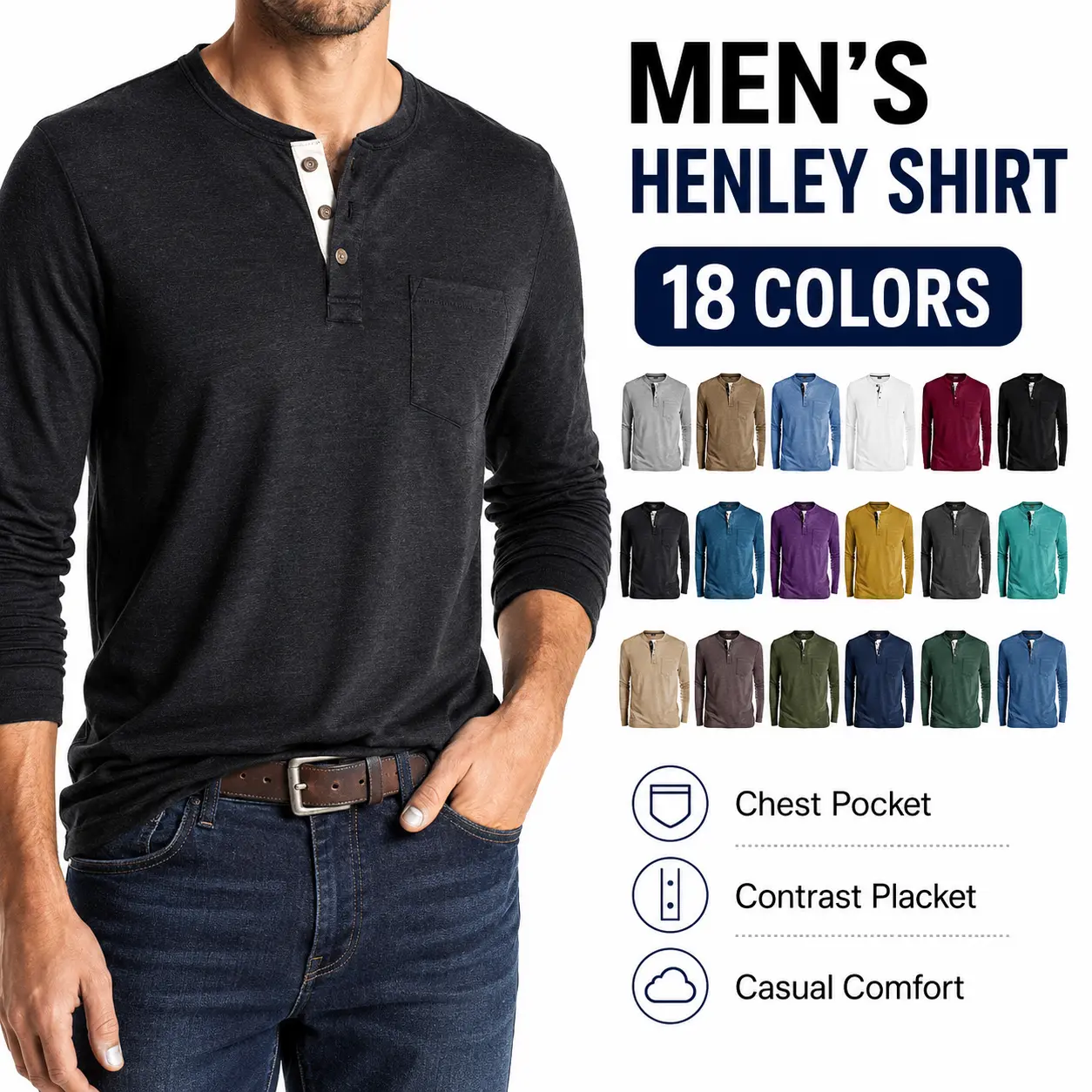 Men's Longsleeve Cotton Henley Tee - Menswear Slim-Fit Breathable Undershirt, Round Neck Pullover, Casual Streetwear Basic Solid Top for Daily Wear