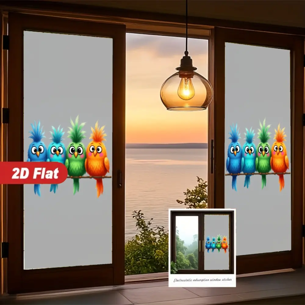 2D Flat Static Cling Colorful Parrots On A Perch Window Sticker Ornament For Living Room And Bedroom Removable Window Decals