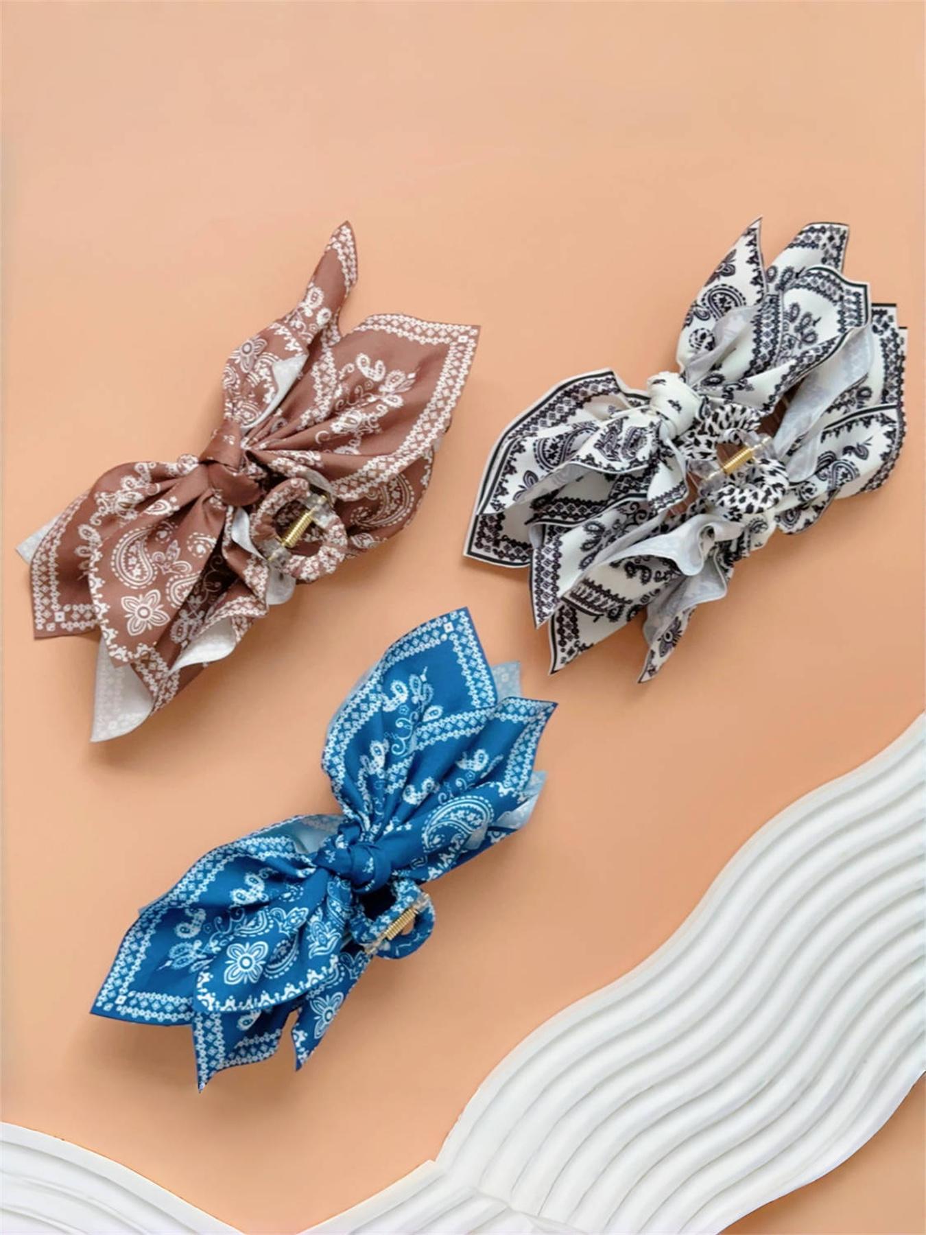 3pcs/1pc women's paisley pattern printed double-sided layered fabric bow hair clip, ponytail bun hair bohemian style hair accessory, suitable for daily, party, Boho hair accessories, Super Cute Clips
