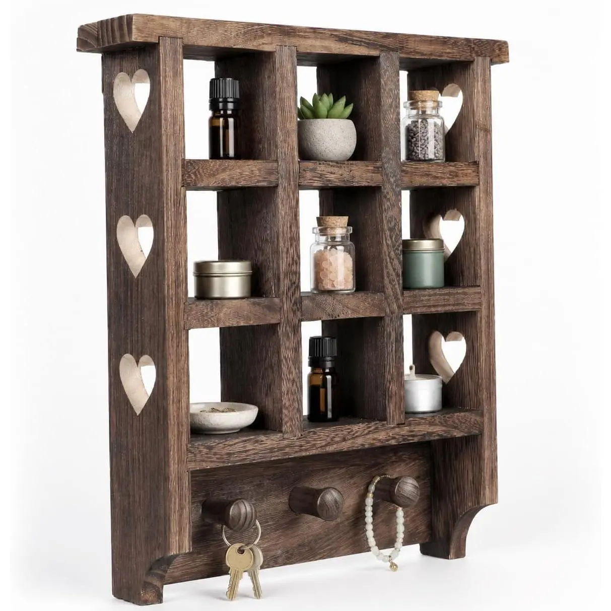 Trinket Shelf, Wooden Heart Shelf, 14 x 12 inch Floating Shelf, Wooden Trinket Shelf with Hearts and Pegs, Figurine Display Shelf, 9 Openings Heart Wall Shelf for Bedroom, Living Room, or Study Room