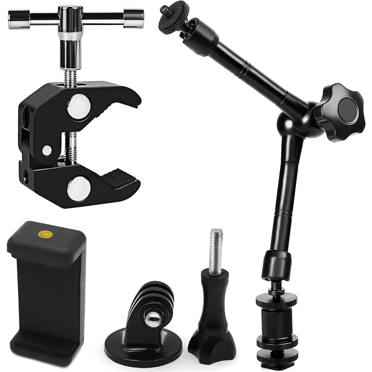 Magic arm Camera Mount ,articulating arm- 11 Inch Metal Adjustable Friction Articulated arm with Super Clamp/Phone Clip, for Various Action Camera/DSLR/LCD /LED Lights/Cell Phone