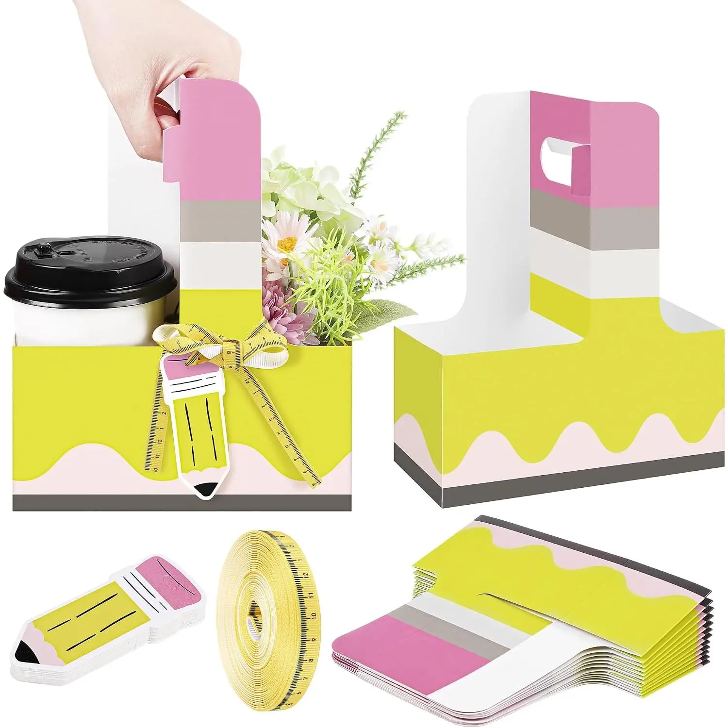 24 Pencil Theme Drink Carrier Sets with Handle Grip, Thick Cardboard 2-Standard Cups Holder, Portable Teacher Appreciation Gifts with Greeting Cards Ribbons