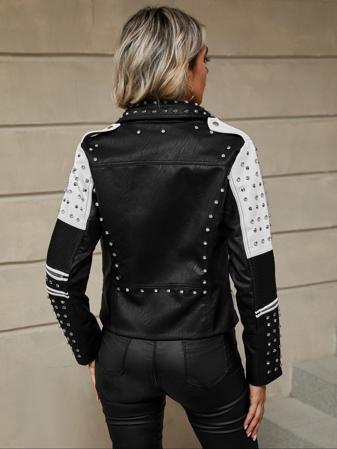 Women's Spring Autumn Jacket with Belt, Casual Vintage Simple Motorcycle Jacket, Rivet Coat with Pockets and Asymmetrical Zipper, Zip Front Jacket