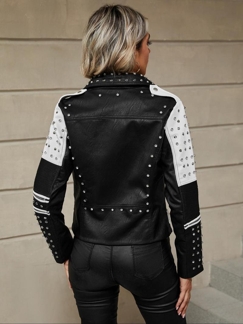 Women's Spring Autumn Jacket with Belt, Casual Vintage Simple Motorcycle Jacket, Rivet Coat with Pockets and Asymmetrical Zipper, Zip Front Jacket