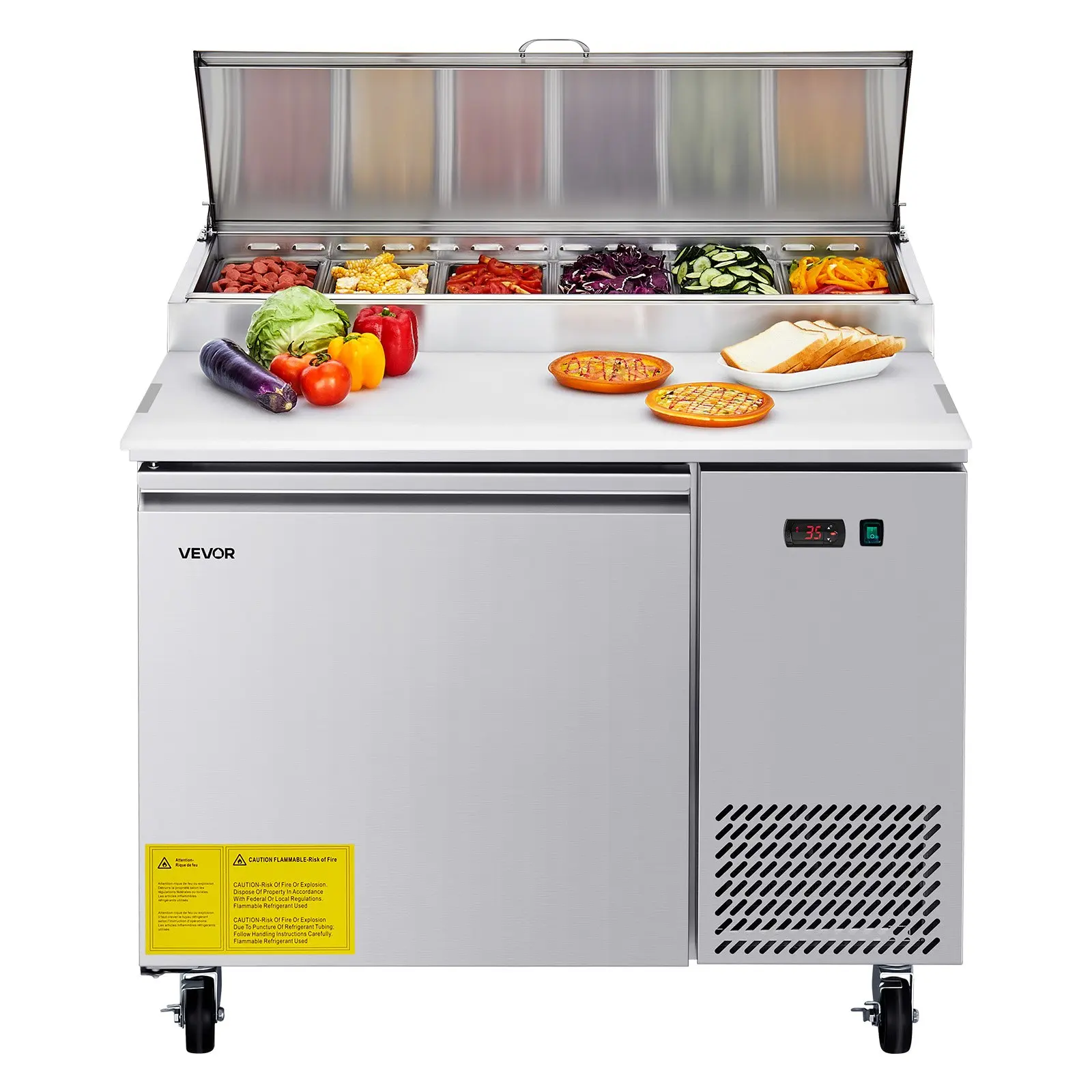 VEVOR Commercial Refrigerator, 44" W Pizza Prep Refrigerated Table, 20" Ultra Wide Countertop Food Prep Worktable, 11 Cu. Ft Single Door Salad Prep Fridge, 6 Pans Pizza Make Worktop with Cutting Board