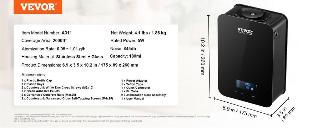 VEVOR Upgrade HVAC Scent Diffuser, Smart Scent Air Machine for Home, 180ML with Cold Air Technology, Waterless Essential Oil Diffuser, Cover Up to 2000 Sq.Ft for Living Room, Office, Spa, Hotel