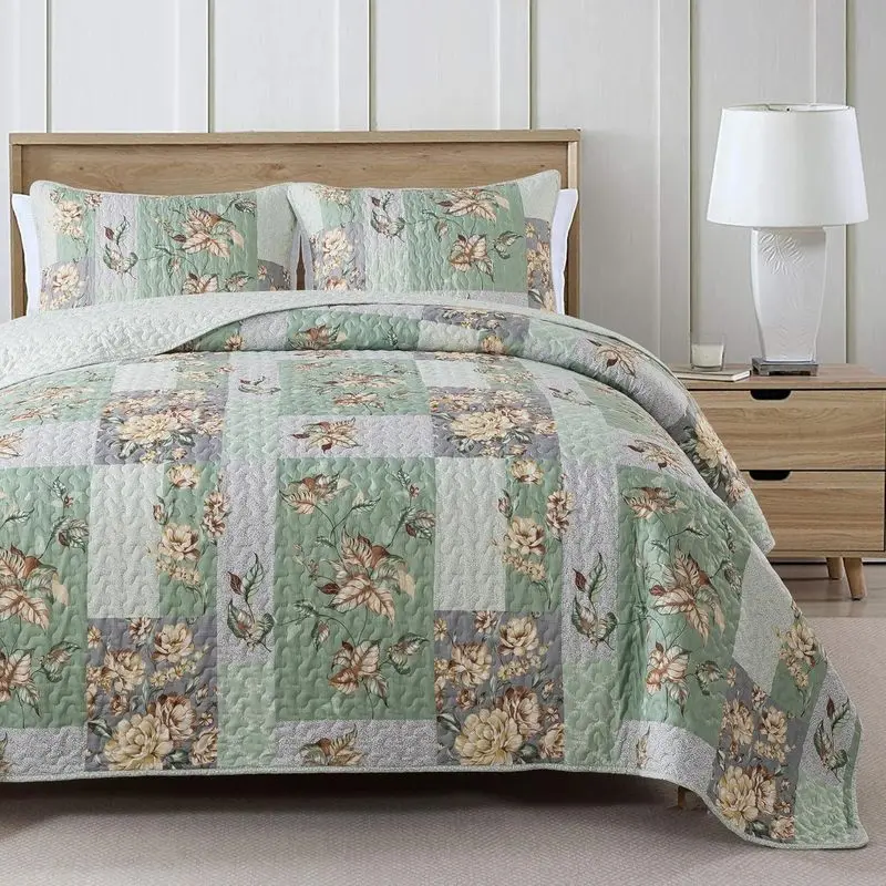 Sage Green Floral Patchwork Quilt Set Queen Size, Reversible Quilted Bedspread with 2 Pillow Shams, Vintage Cottagecore Farmhouse Bedding Set, Lightweight Coverlet for All Season Bedroom Decor
