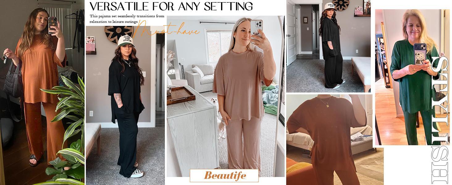 【XL-5XL】Imily Bela Curve Womens Plus Size Lounge Sets Short Sleeve Tops Wide Leg Pants 2 Piece Outfits Tracksuit with Pockets