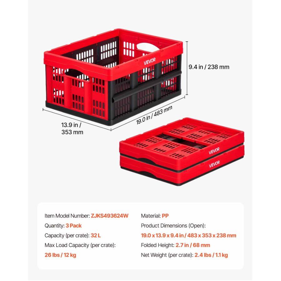 VEVOR Plastic Collapsible Storage Bins, 32L 3 Packs, Stackable Folding Storage Crates with Handles, Holds 26 lbs Per Bin, Foldable Heavy Duty Containers, Space-Saving Baskets, for Home Organizing