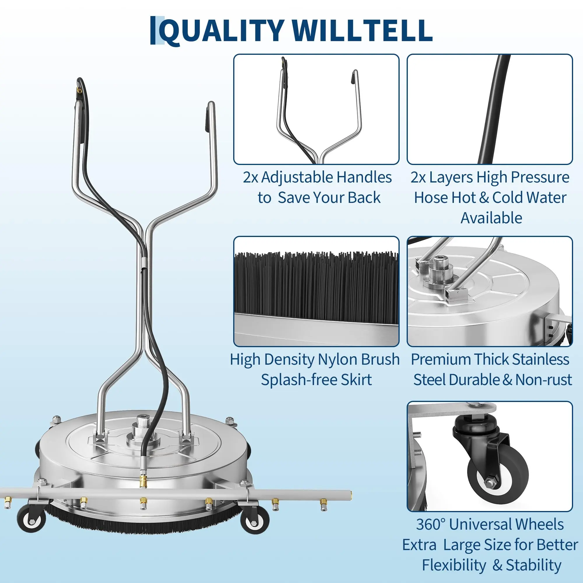 Garvee 24" Pressure Washer Surface Cleaner Attachment, 7-Nozzle Water Broom - Stainless Steel Dual Handle, Up to 4900 PSI, for Concrete Driveway Deck Patio - Regular Wheels, 7-Hole Handrail Washing Tray