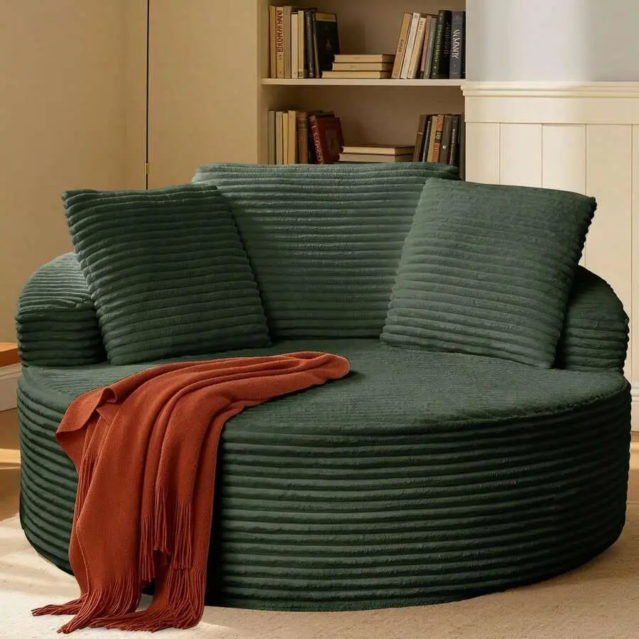 55 Inch Oversized Circle Lounge Chaise, Corduroy Sponge Boneless Single Sofa With Pillow, Deep Seat Round Chair No Assembly Required For Reading Nook, Bedroom & Living Room