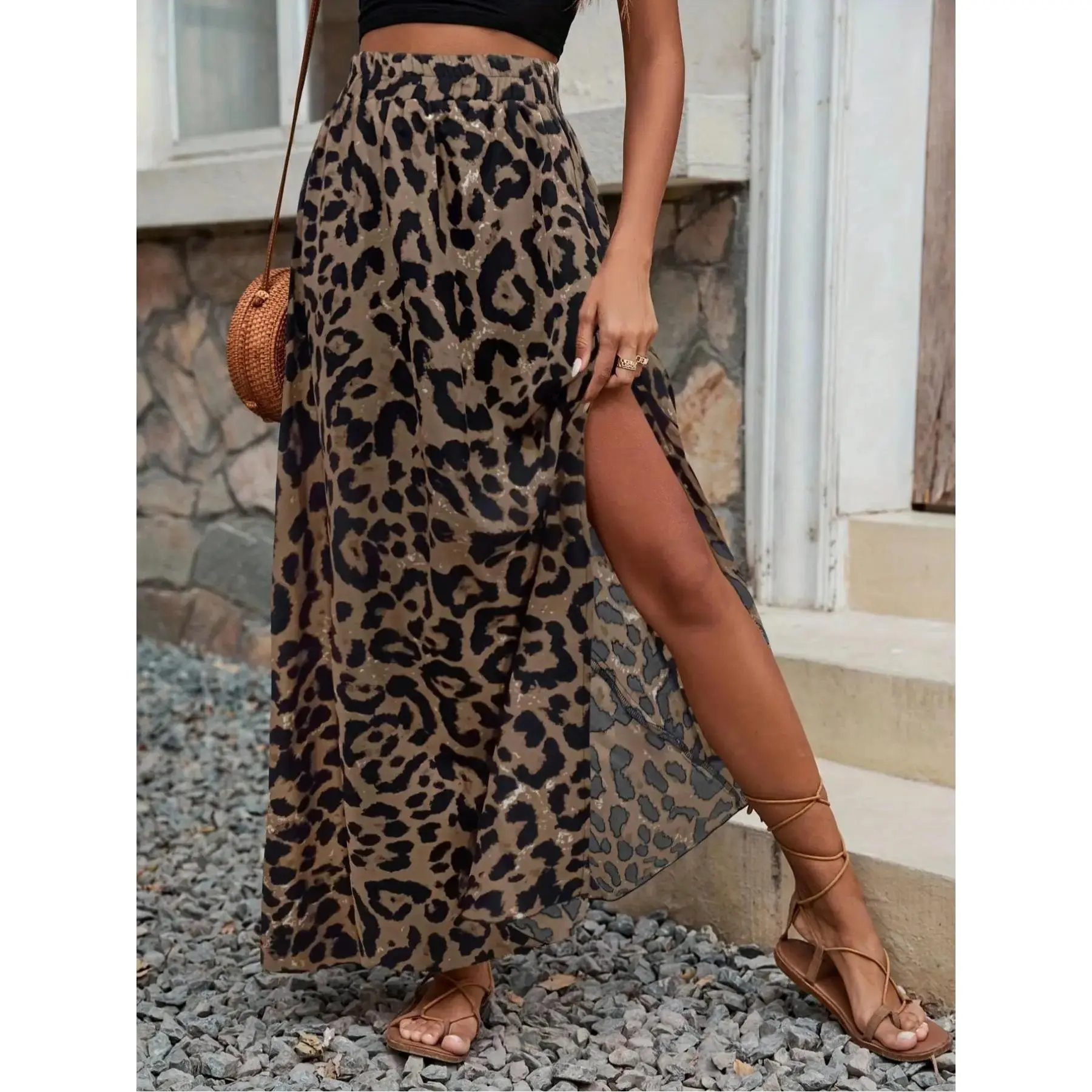 Women's Leopard Print Elastic Waist Skirt, Leopard Printed Skirt, Elegant Fashion Casual High Waist Long Skirt for Daily Outdoor Wear, Ladies Bottoms for All Seasons