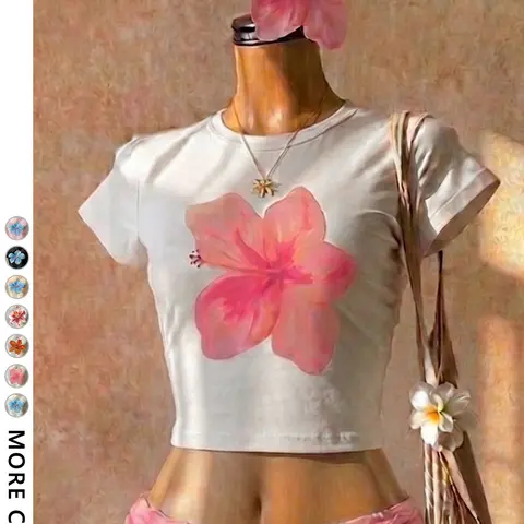 Women's Casual Blue Floral Print Round Neck Short Sleeve Crop Top Fit, Y2K Summer Daily Wear, Perfect for Layering and Fashionable Choice, Vintage Girly Clothes