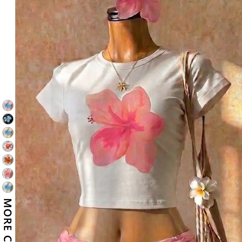 Women's Casual Blue Floral Print Round Neck Short Sleeve Crop Top Fit, Y2K Summer Daily Wear, Perfect for Layering and Fashionable Choice, Vintage Girly Clothes
