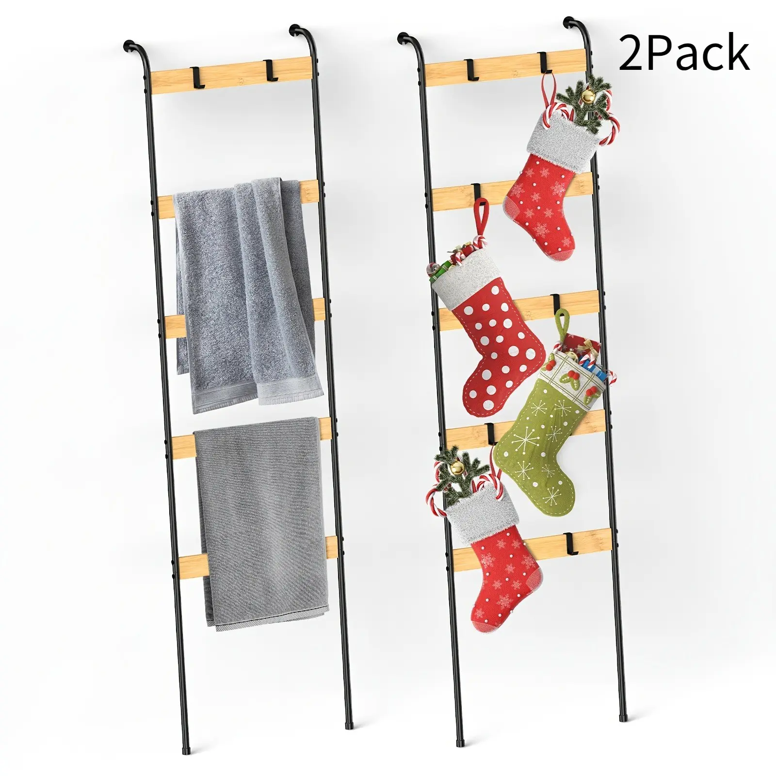 Set of 2 Blanket Ladders, Towel Holders, 5-Tier Quilt Stands with 10 Detachable Hooks, Decorative Leaning Shelf for Farmhouse Style, Towel Display Stand, Removable Hooks, Quilt Ladder Suitable for Living Room And Bedroom, Rustic Black End