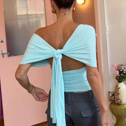 Women's Solid Color V Neck Cut Out Tie-back T-shirt Top, Bodycon Fitted Top, Sexy Backless Lace-up Sleeveless Plain Slim Fit Ruched Blouse Crop Top, Party Club Date Daily Casual For Ladies Summer