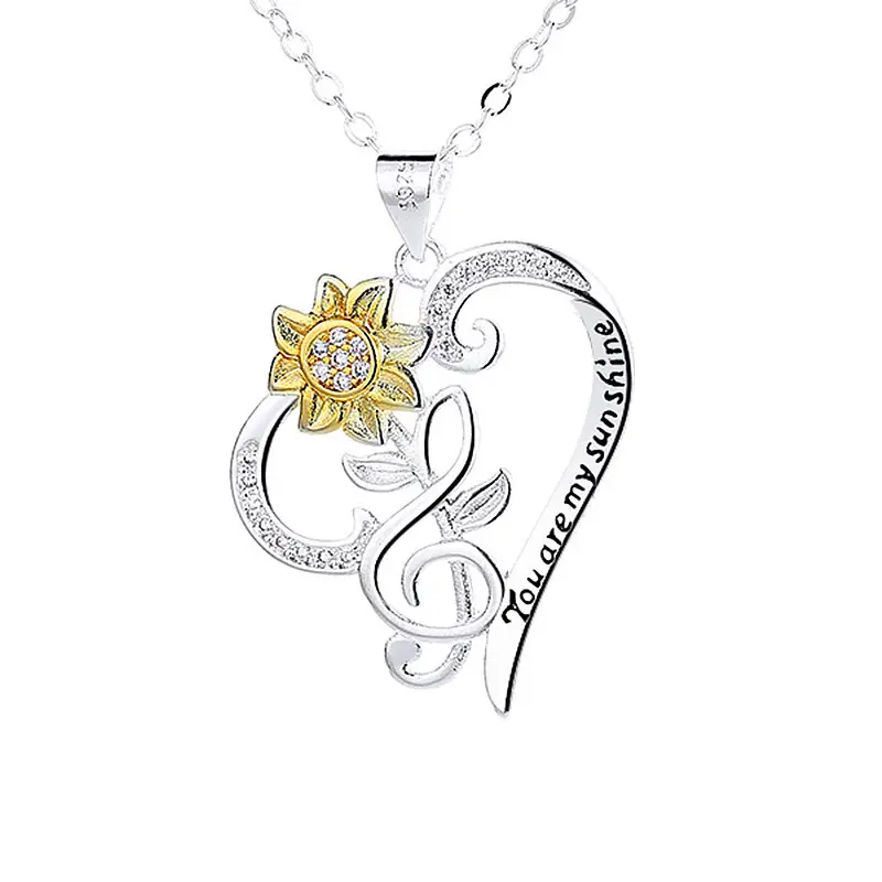 Women's Sunflower Locket Necklace with You Are My Sunshine Engraved Heart, 2-Tone Copper Base Zircon Charm, Pastoral Style Jewelry Gift, Engraved Text, Flower Shape, Pastoral Look, Engraving, Heart Shape