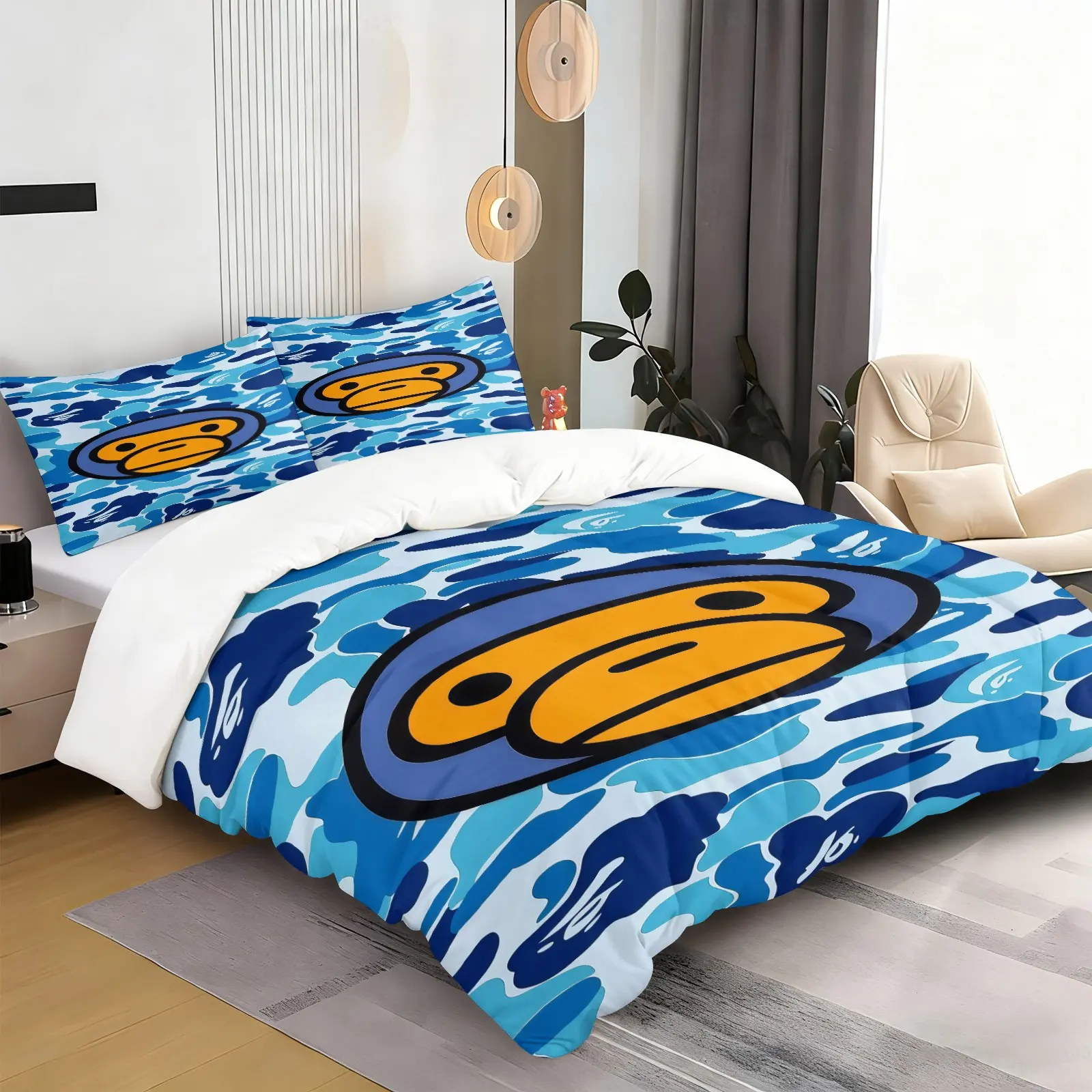 Camouflage Ape Head Pattern Quilt Cover Set, Soft And Comfortable Bedding Set, Including 1 Quilt Cover And 1 Or 2 Pillowcases, Excluding Quilt Core And Pillow Core, Suitable For Teenagers And Adults, Bedroom, Dormitory, Apartment Scene