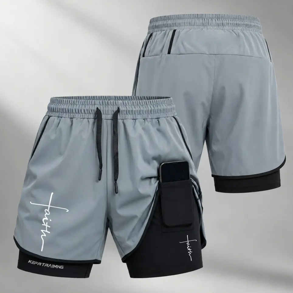 Men’s Faith Graphic 2-in-1 Regular Fit Polyester Blend Training Sports Shorts, Compression Liner, Phone Pocket, Adjustable Drawstring Waist, Quick-Dry for Summer Running Gym