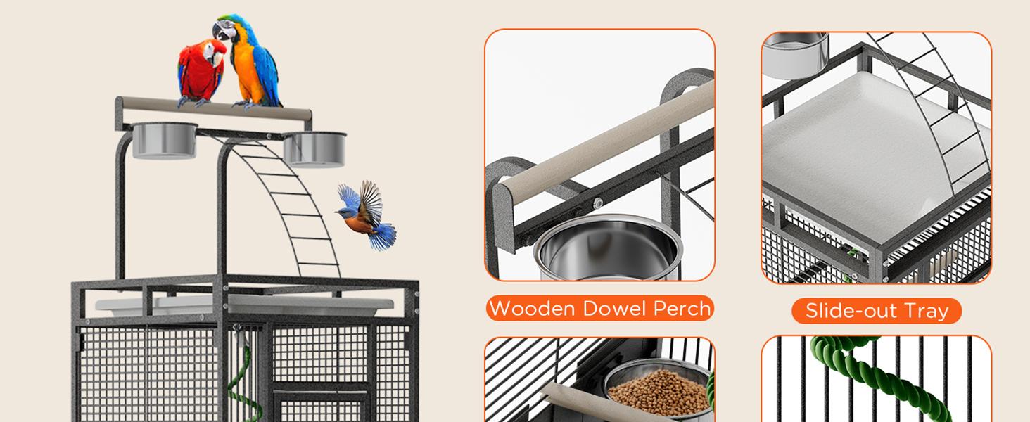 60 Inch Wrought Iron Large Bird Cage with Rolling Stand, Metal Parrot Cage with Play Top & 4 Stainless Steel Bowls for African Grey Cockatiel Sun Parakeet Green Cheek Conure Lovebird Budgie, Black