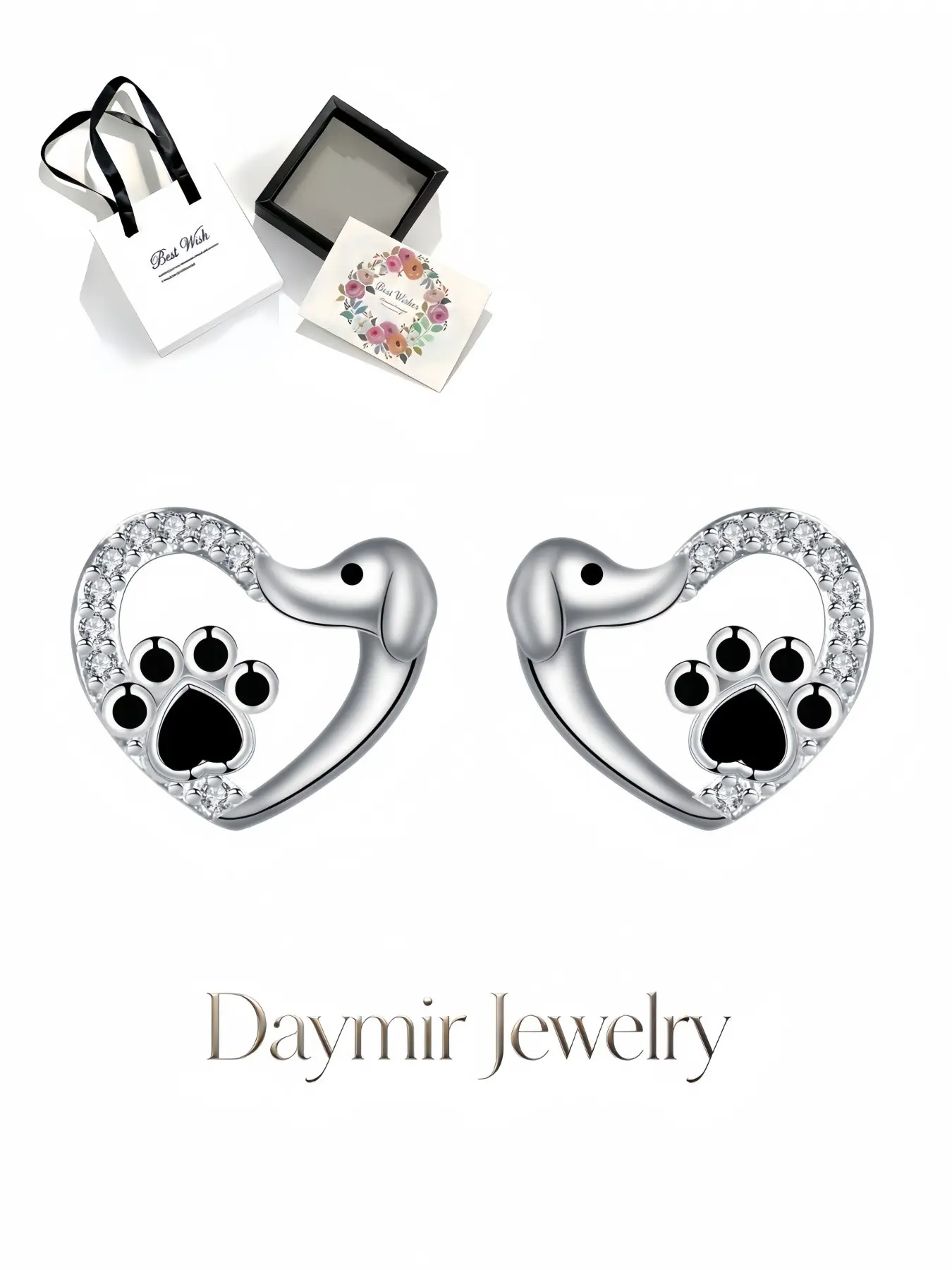 "Meow Shadow Heart Diamond" Cute resin cat & dog paw diamond animal earrings with sterling silver posts, lucky talisman jewelry for women. Comes with an elegant drawer jewelry box, ideal gifts for birthdays, Mother's Day, Valentine’s Day, Christmas and an