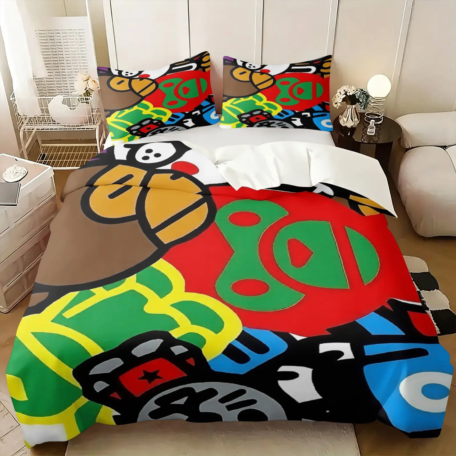 Multi-Color Contrast Hand Drawn Graffiti Cartoon Head Duvet Cover Set, Include 1 Quilt Cover and 1/2 Pillowcases, Bold Contrast Cool Street Aesthetic Personality Comforter Cover, Skin-friendly Breathable All-Season Bedroom Bedding Decor