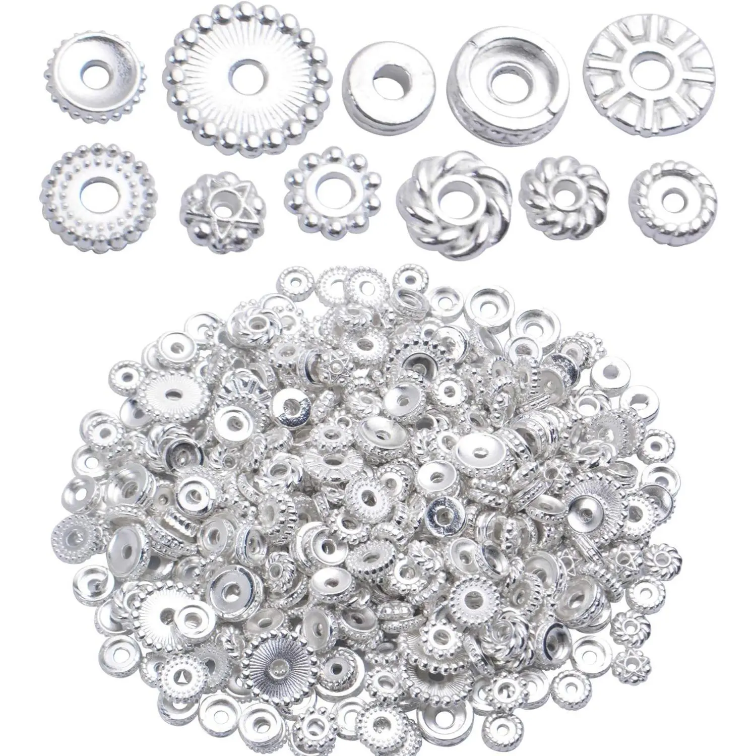 BronaGrand 100 Gram(About 170-300pcs) Spacer Beads Jewelry Bead Charm Spacers Alloy Spacer Beads for Jewelry Making DIY Bracelets Necklace and Crafting,Silver