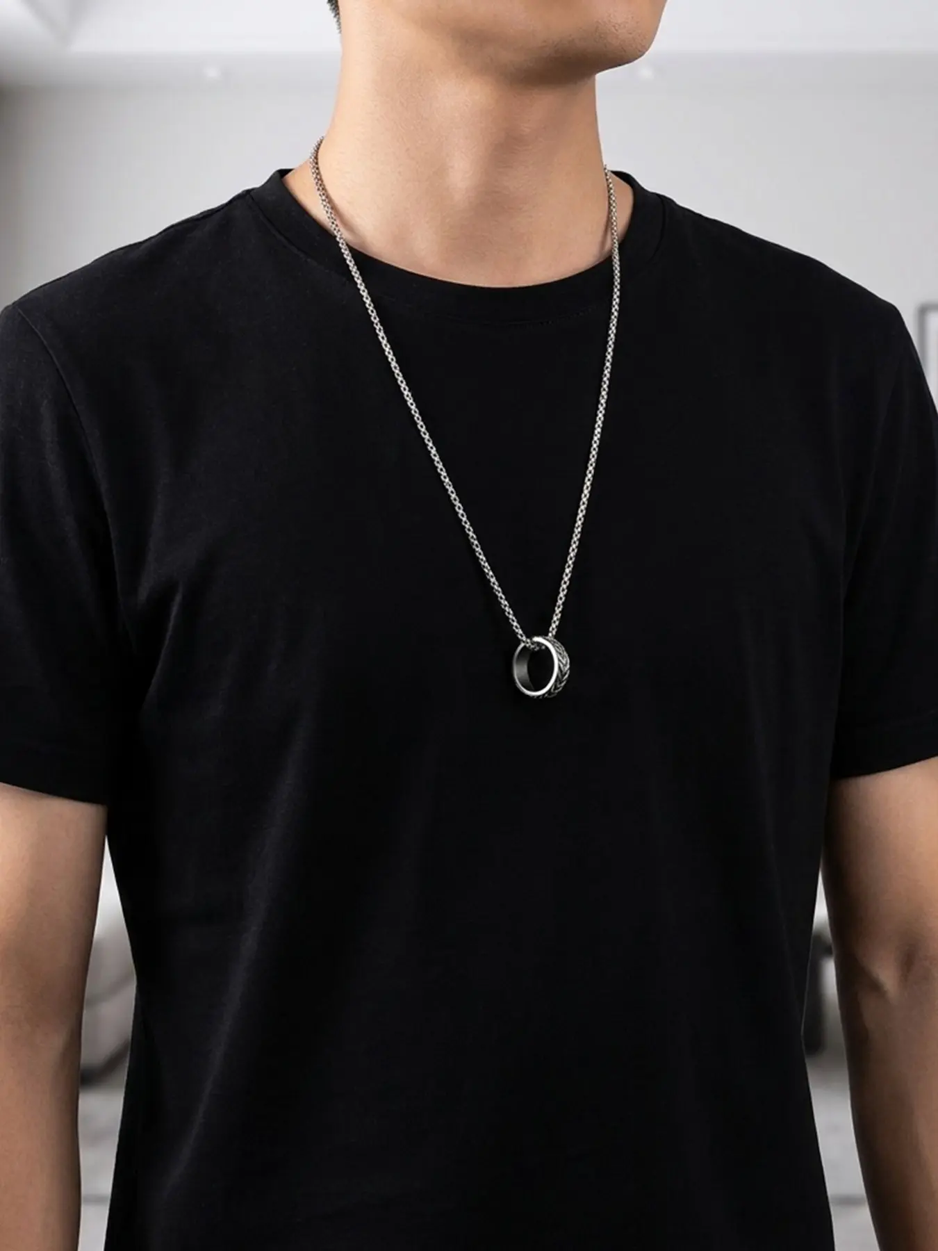 Men's Rotatable Chain Ring Pendant Necklace, Two-In-One Stainless Steel Adjustable Jewelry, Casual Hip-Hop Style, Perfect for Daily Wear