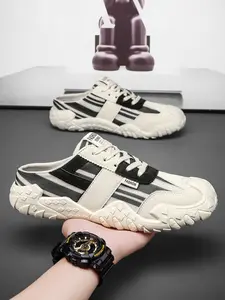 Vintage Stripe Patchwork Men's Backless Half Slide Shoes, Lace-Up Magic Tape Canvas Mule Sneakers, Wear Resistant Chunky Sole Casual Trainers, Easy Slip On Footwear for Daily Strolls, Outdoor Leisure and Indoor Daily Wear
