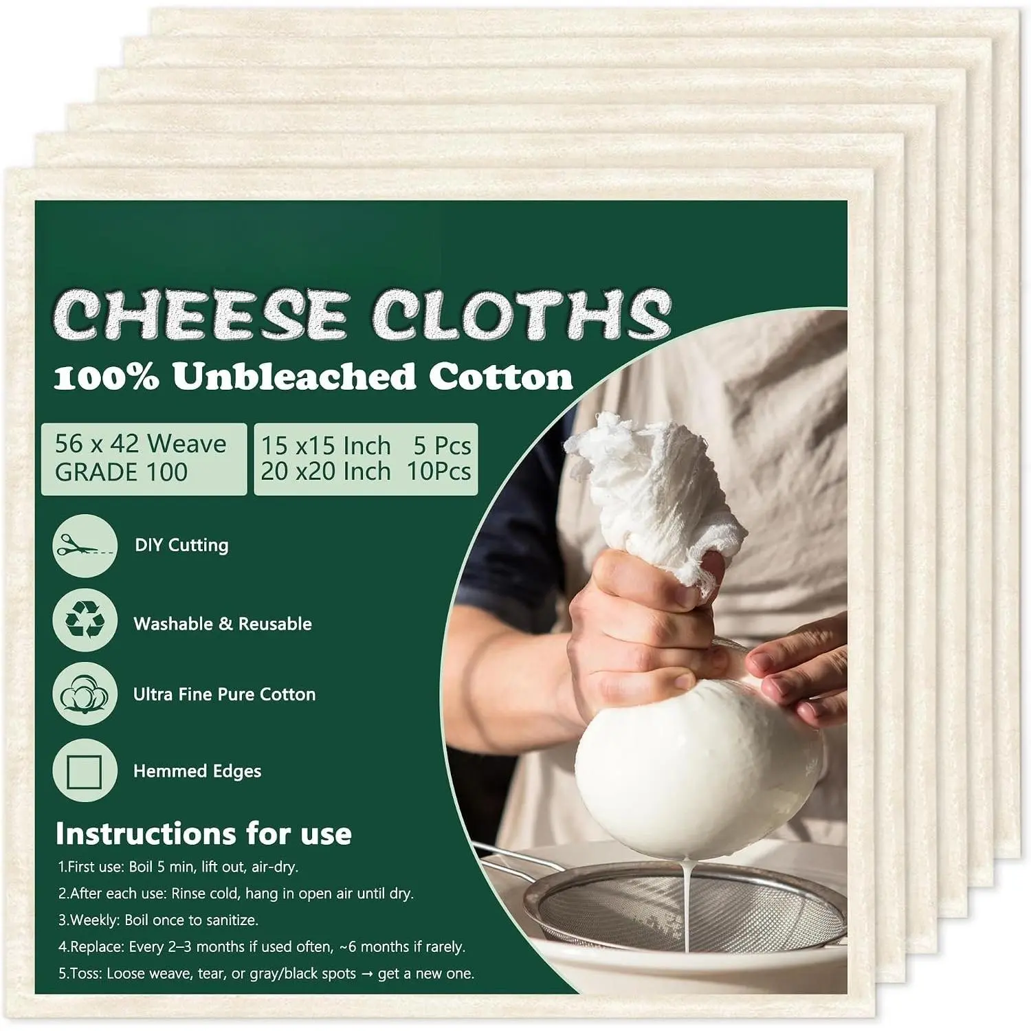 Grade 100 Cheesecloth for Straining, 15 Pack Unbleached  Cloths | Precut with hemmed edges,  56 x 42 weave, 10 count 20 x 20 + 5 count 15 x 15 for yogurt, cheese and nut milk