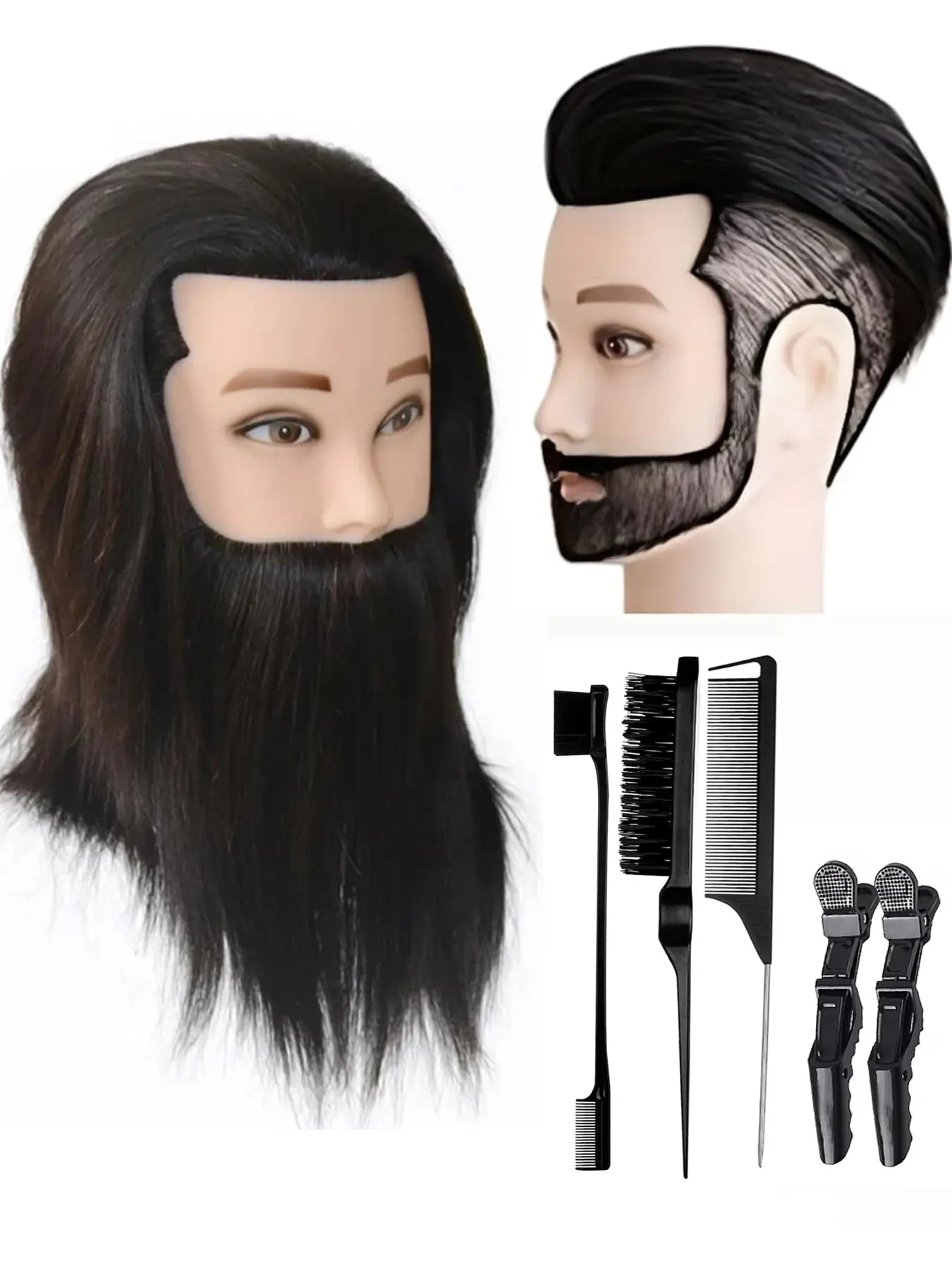 Mannequin Head 100% Human Hair for Hair Styling, Barber Mannequin Head Male with Real Hair and Beard, Cosmetology Training Manikin Head for Hair Cutting, Practice Mannequin Head