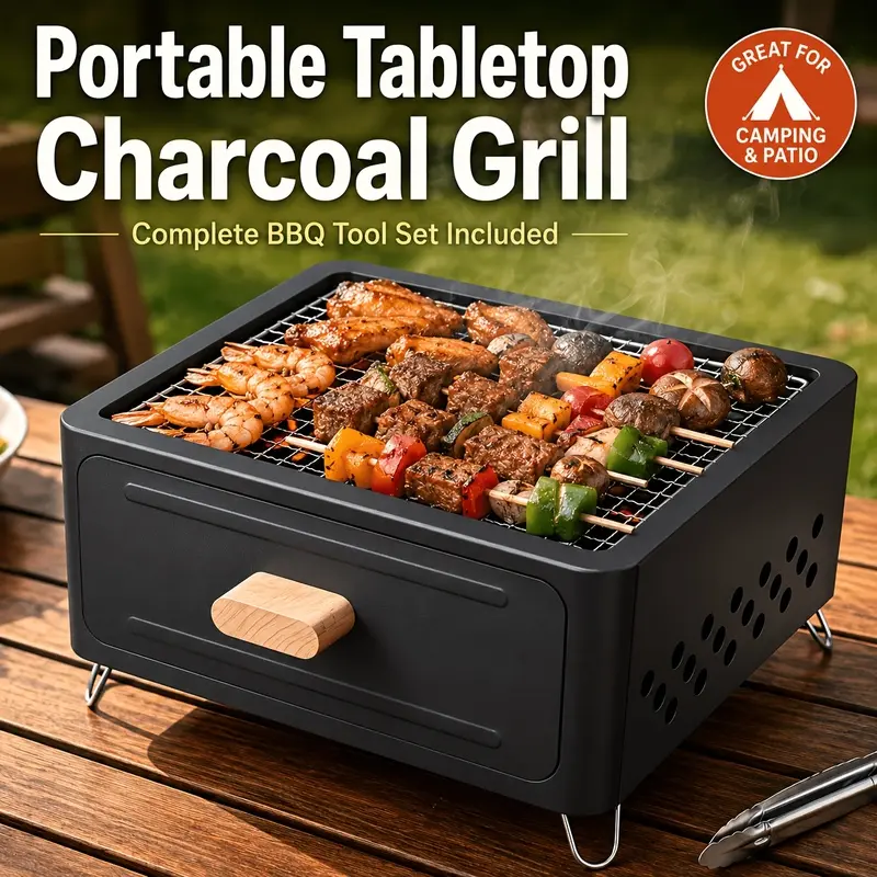 8pcs Portable Tabletop Charcoal Grill Set - Mini BBQ with Griddle Pan, Grill Net, Food Tongs, Cleaning Brush, Oil Brush, Pull-Out Tray, Foldable Legs for Camping, Picnic